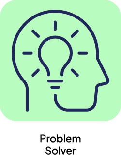 problem solver, graphic of head with lightbulb in it